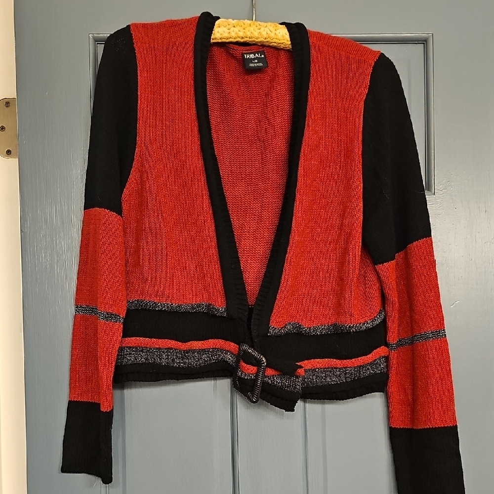 VINTAGE Tribal Cardigan Buckle Closure Black Red Cable Knit Large